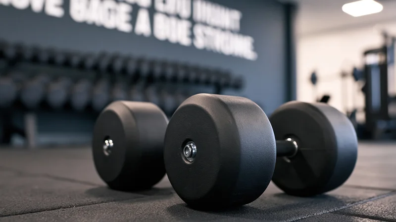 Black dumbbells resting on dark rubber gym floor with motivational text on wall in background