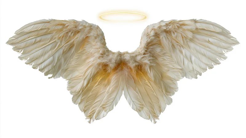 White feathered angel wings spread symmetrically with glowing halo above on white background