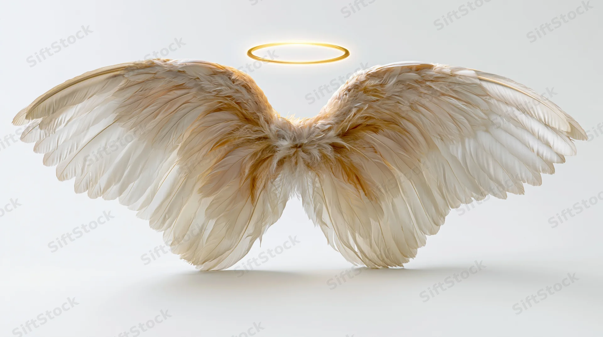 Angel wings spread symmetrical with golden halo above on white background