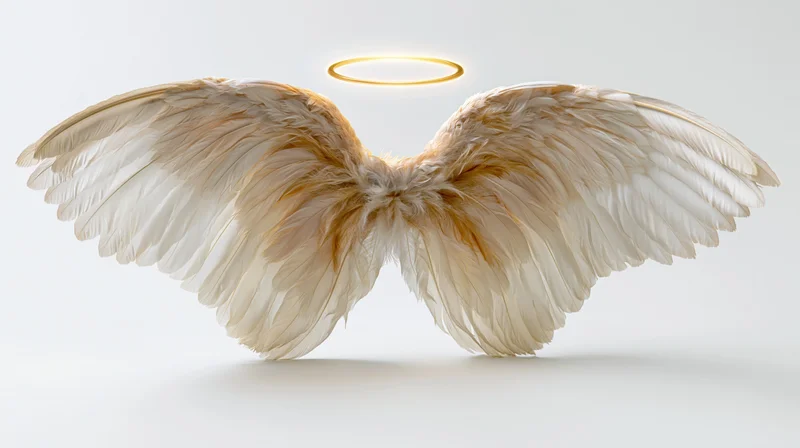 Angel wings spread symmetrical with golden halo above on white background