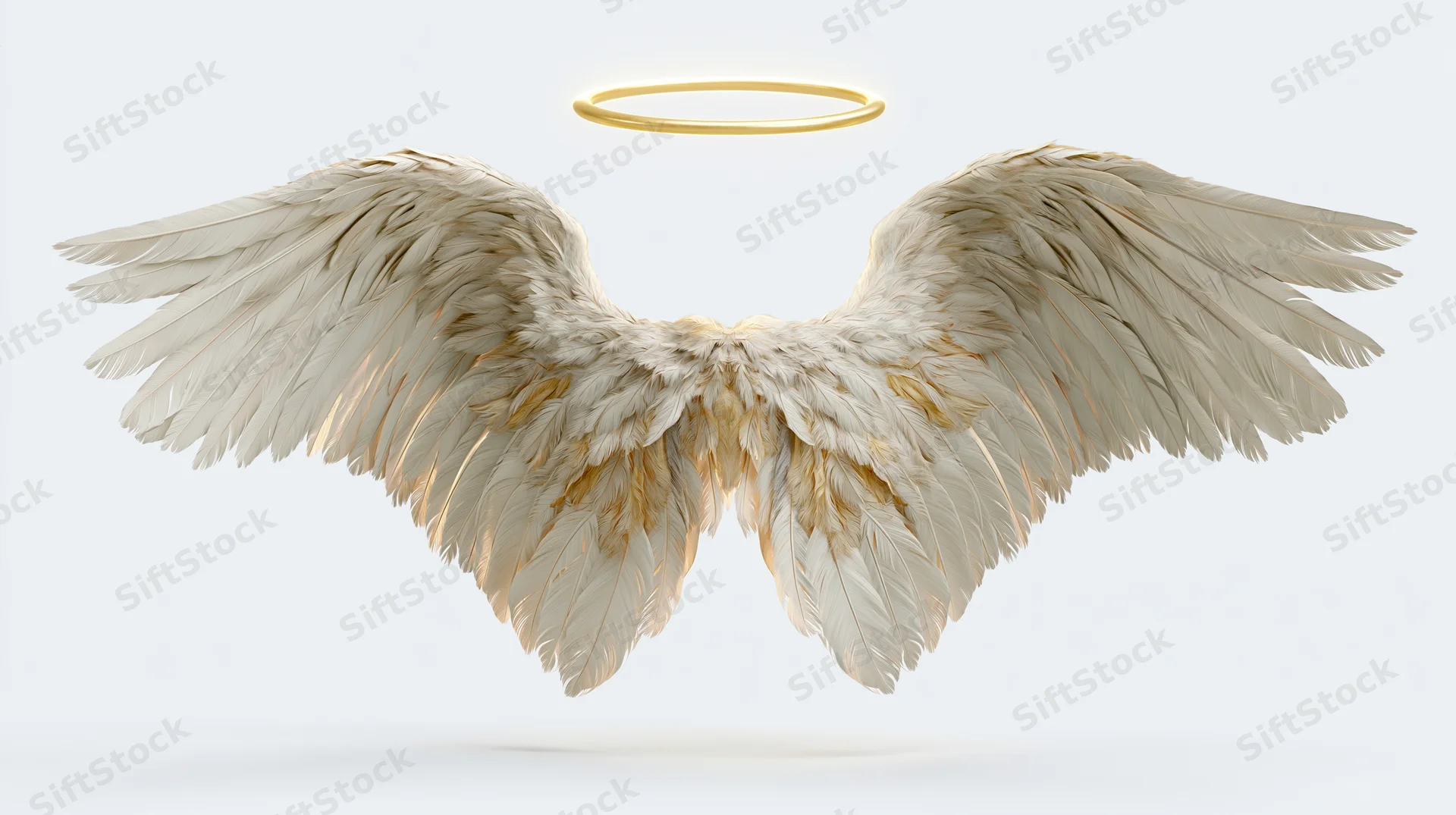 Symmetrical white feathered angel wings with golden halo floating against white background