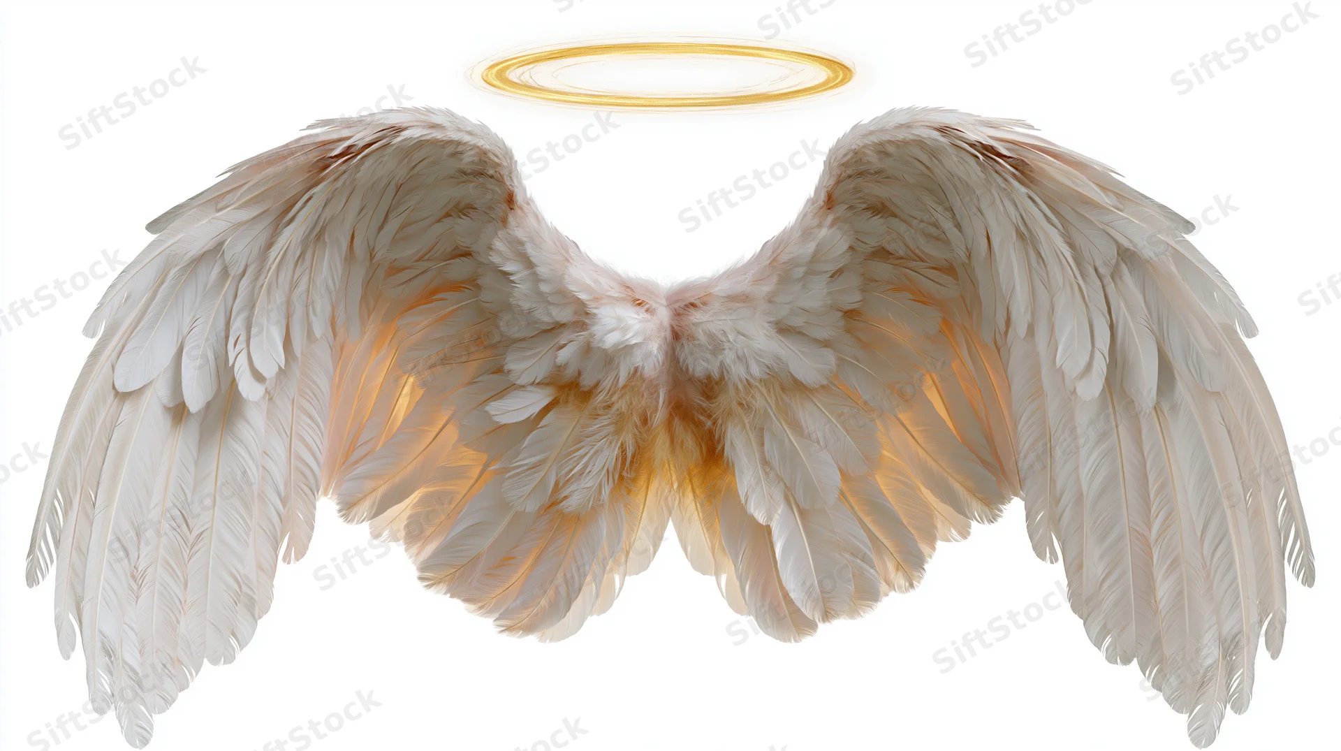 White feathered angel wings spread symmetrically with golden halo above on white background
