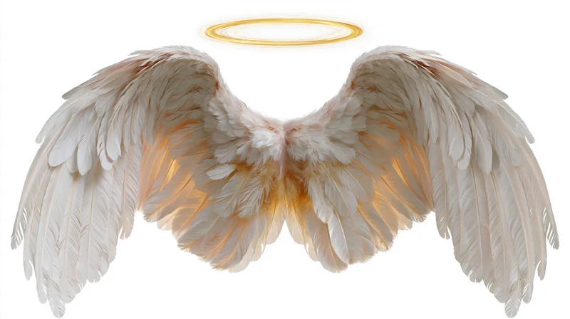 White feathered angel wings spread symmetrically with golden halo above on white background