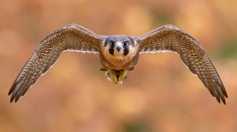 Peregrine falcon flying toward camera with wings spread in autumn woodland