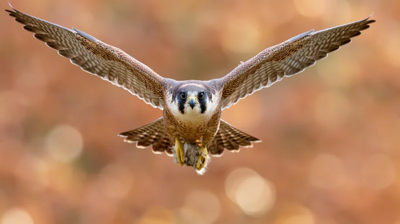 Peregrine falcon flying toward camera with wings spread and talons gripping prey in autumn forest setting