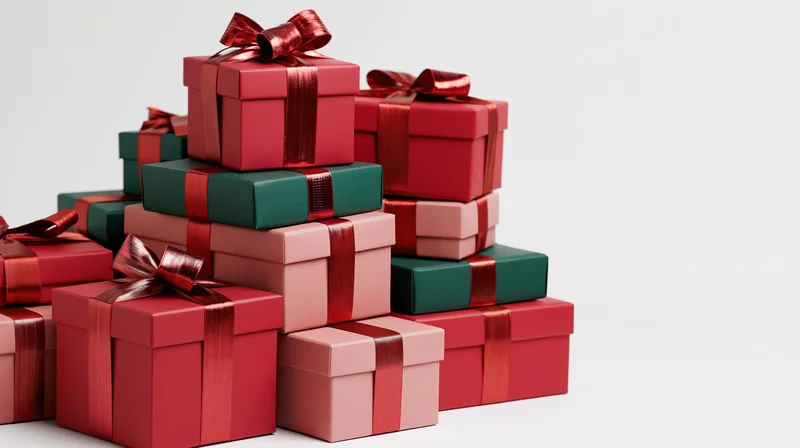 Stack of red and green gift boxes with ribbons and bows on white background
