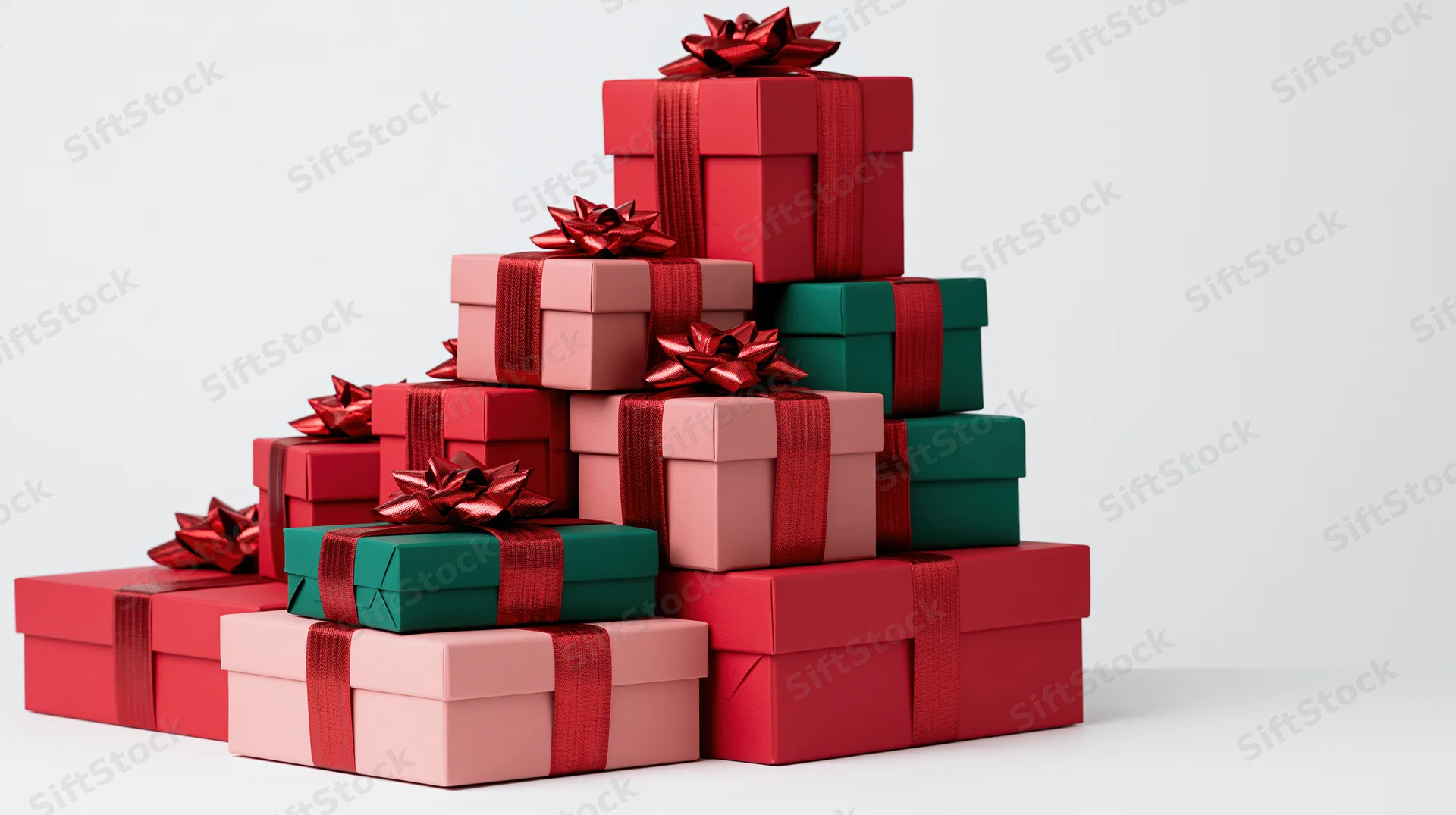 Stack of red, green, and pink gift boxes with ribbons and bows on white background