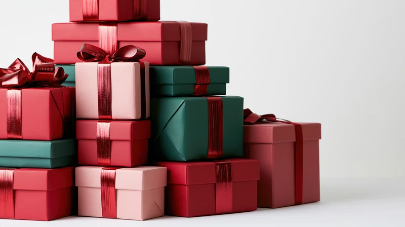 Stack of red, green, and pink gift boxes with ribbons and bows on white surface