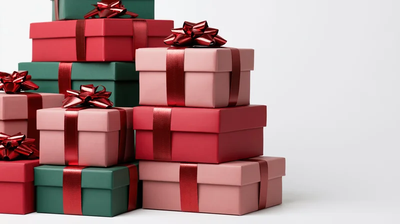 Stacked gift boxes in red, pink and green with ribbons and bows on white background