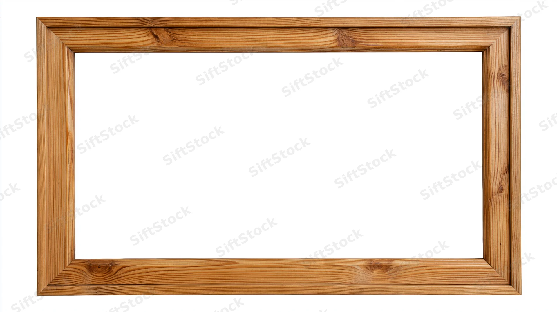 Rectangular wooden picture frame with empty white center isolated on white background