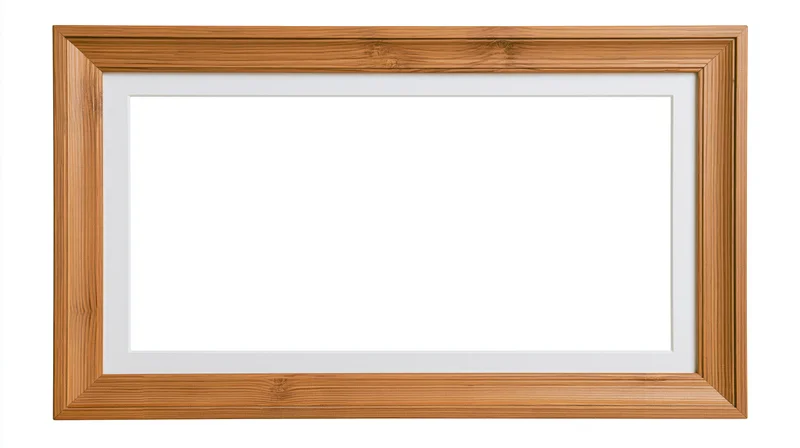 Rectangular bamboo picture frame with white mat and empty center isolated on white
