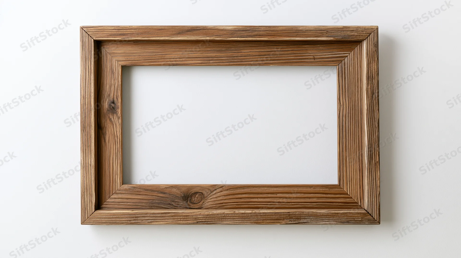 Wooden picture frame hanging on white wall with empty center for display