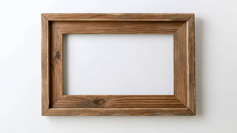 Wooden picture frame hanging on white wall with empty center for display