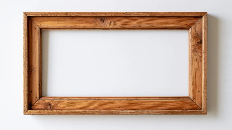 Wooden picture frame hanging on white wall with empty center for display