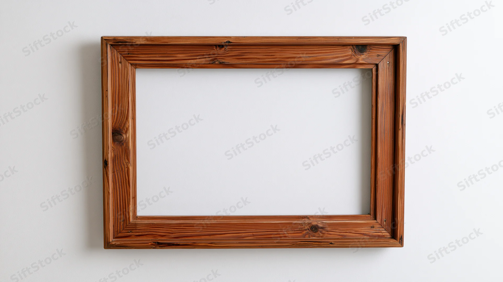 Wooden picture frame hanging on white wall with empty center