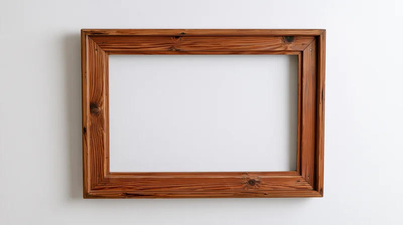 Wooden picture frame hanging on white wall with empty center