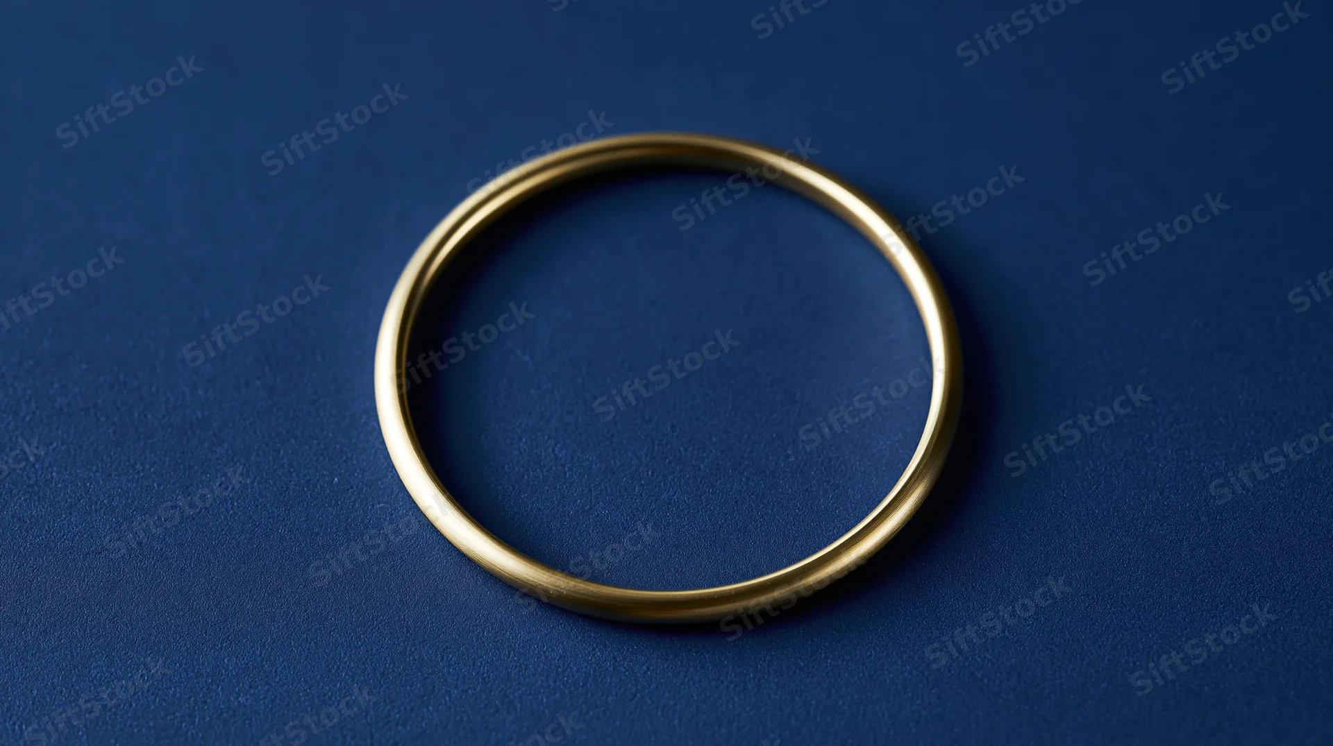 Polished gold ring centered on dark blue textured surface