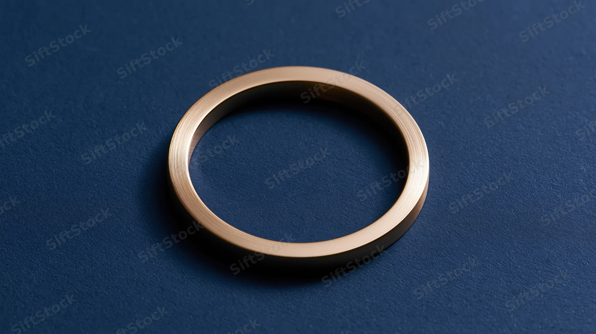 Polished gold ring centered on dark blue textured surface