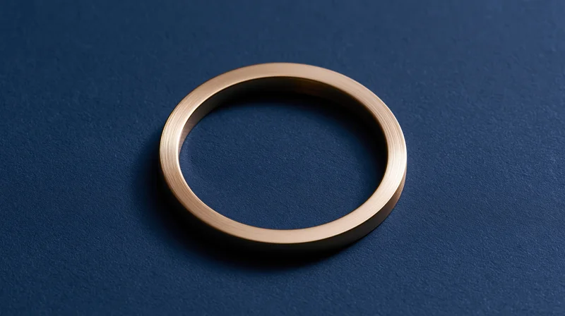 Polished gold ring centered on dark blue textured surface