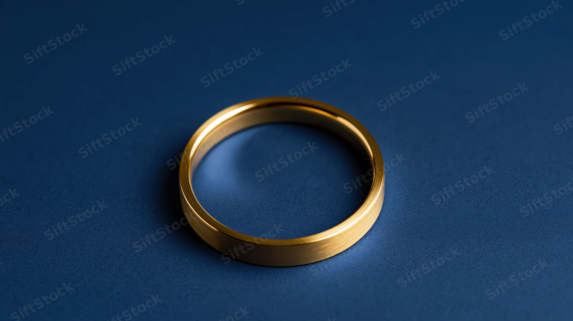 Polished gold ring centered on a deep blue surface
