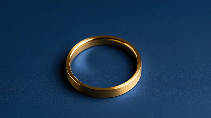 Polished gold ring centered on a deep blue surface