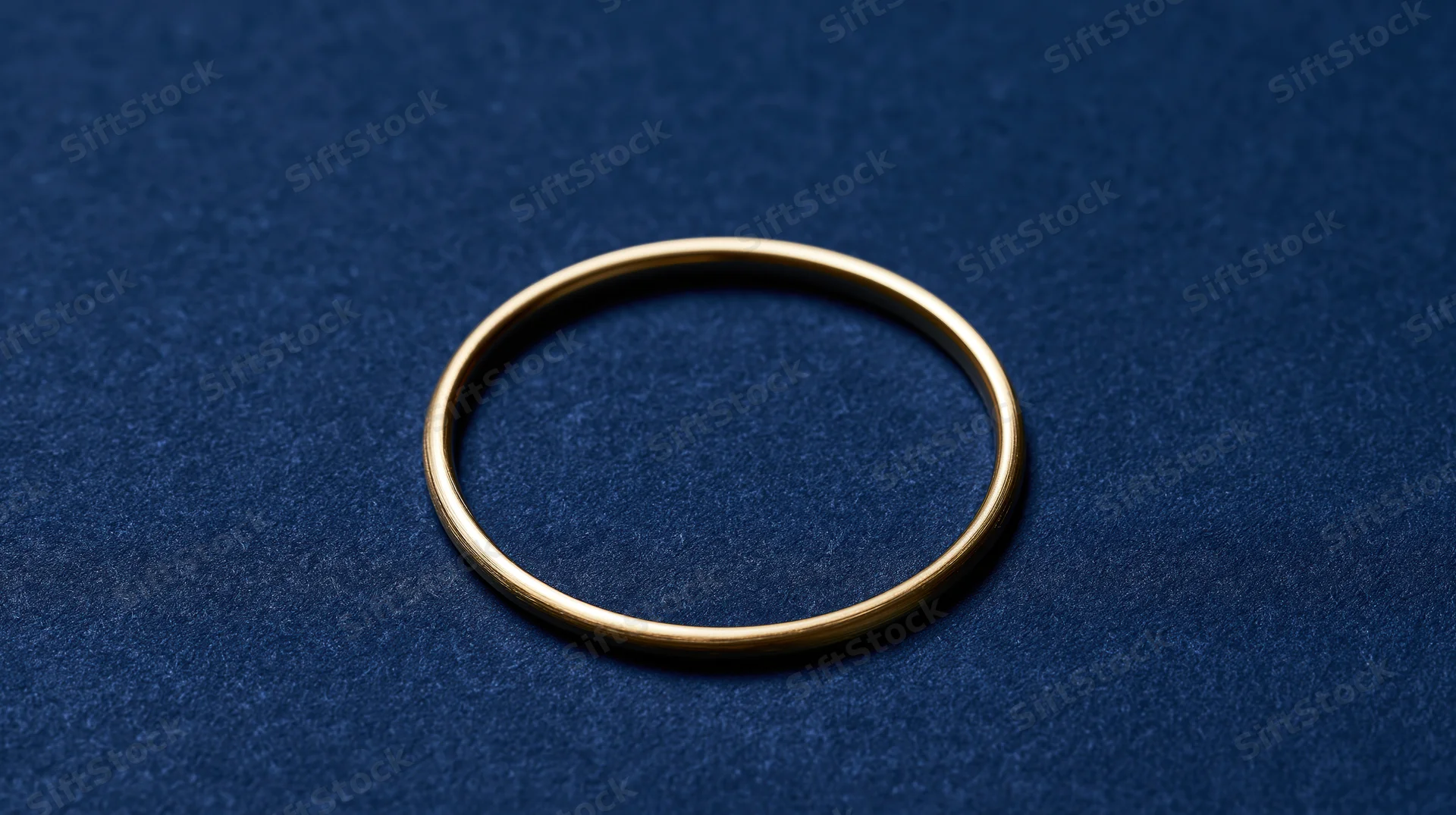Polished gold ring centered on dark textured surface with copyspace
