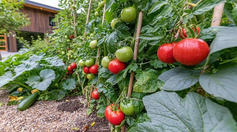 Tomato plants growing on stakes in a backyard vegetable garden bed with zucchini and gravel mulch