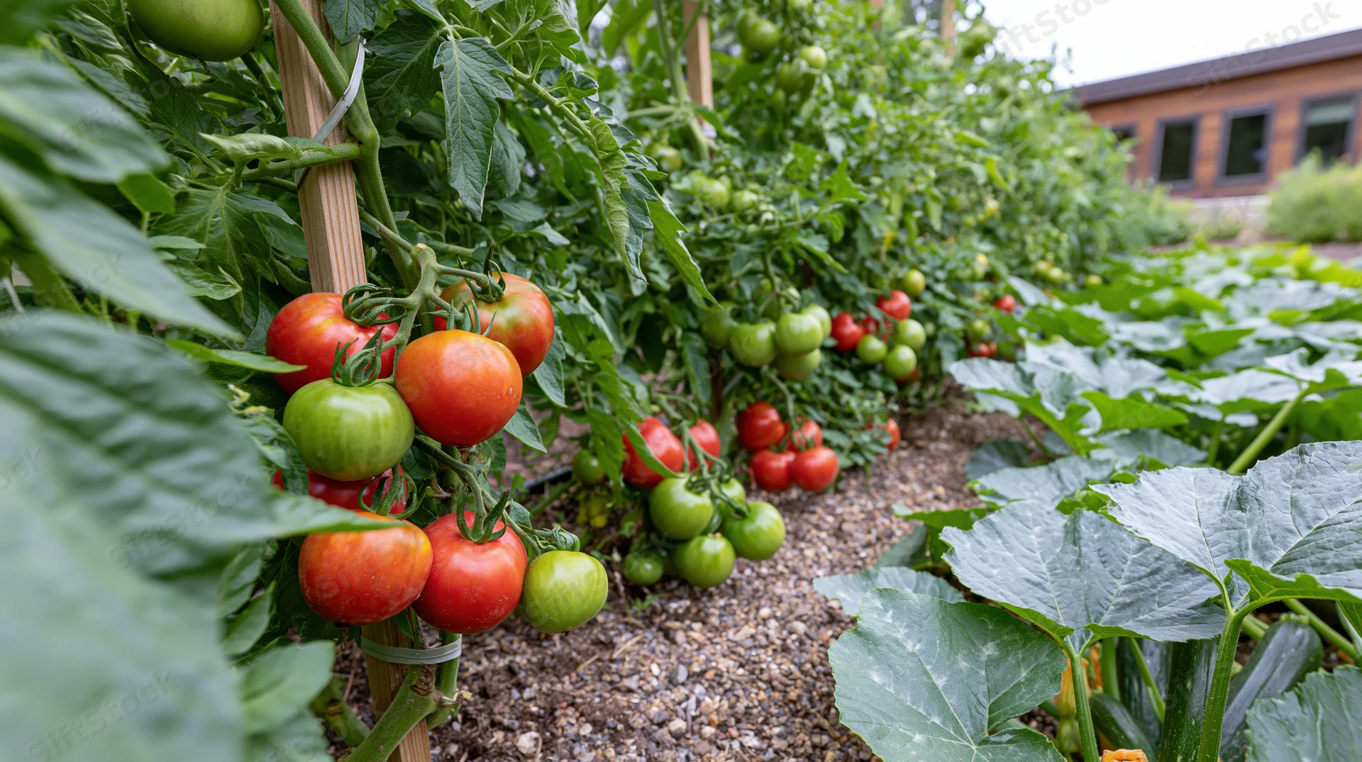 Tomato plants growing on stakes in a backyard vegetable garden with gravel path and leafy foliage
