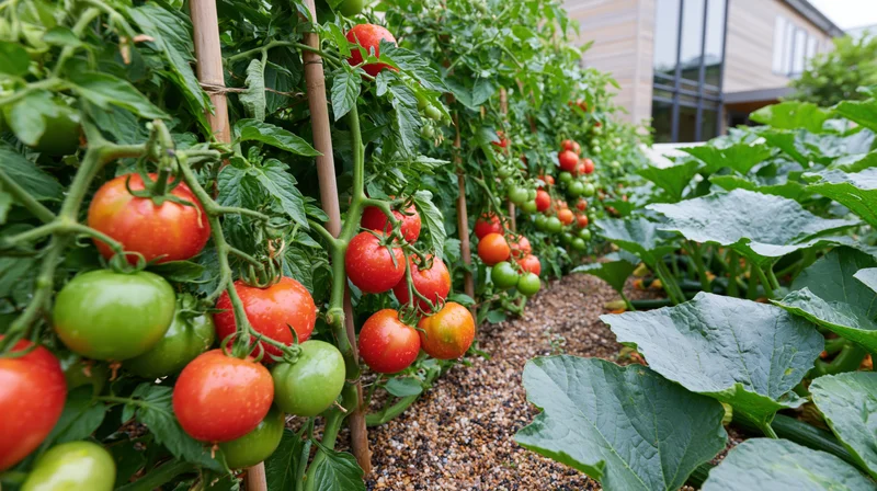 Tomato plants growing on stakes in a backyard garden bed with gravel path and adjacent house