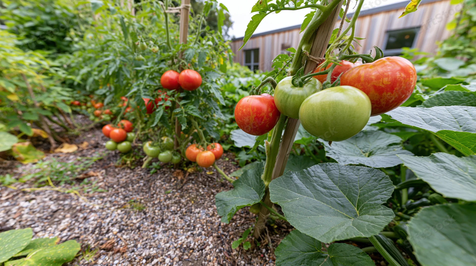 Tomato plants growing on stakes in a gravel-lined backyard garden bed