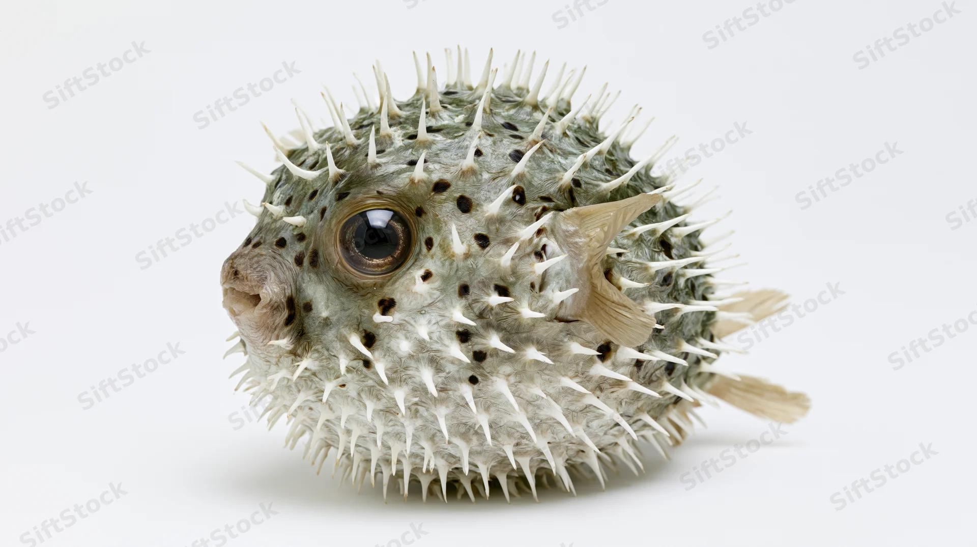 Puffed-up porcupinefish specimen with spines extended against white background