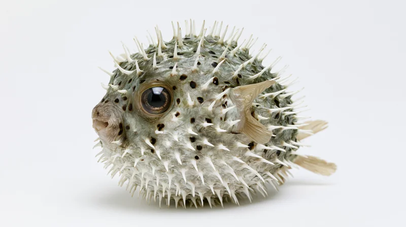 Puffed-up porcupinefish specimen with spines extended against white background