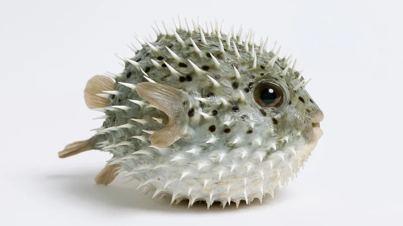 Puffed-up porcupinefish specimen with spines and spotted skin on white background