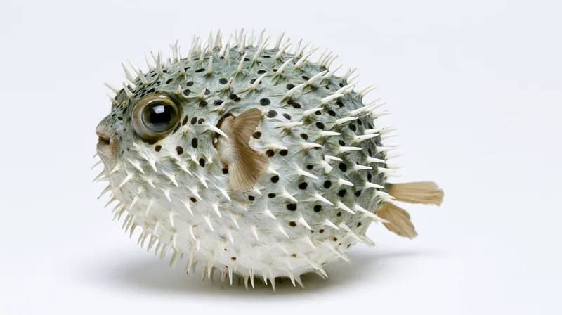 Puffed-up porcupinefish specimen with spines and dark eyes against white background