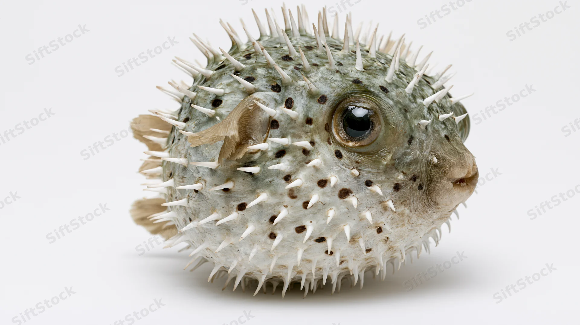 Puffed-up porcupinefish specimen with spines and spotted skin against white background
