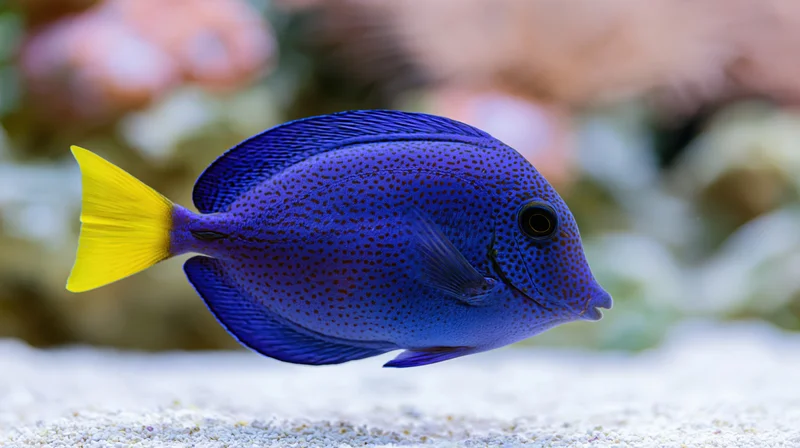 Purple tang fish swimming near sandy substrate in aquarium