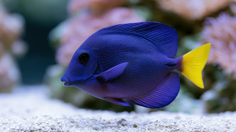 Purple tang fish swimming near white sandy substrate in aquarium with coral reef background