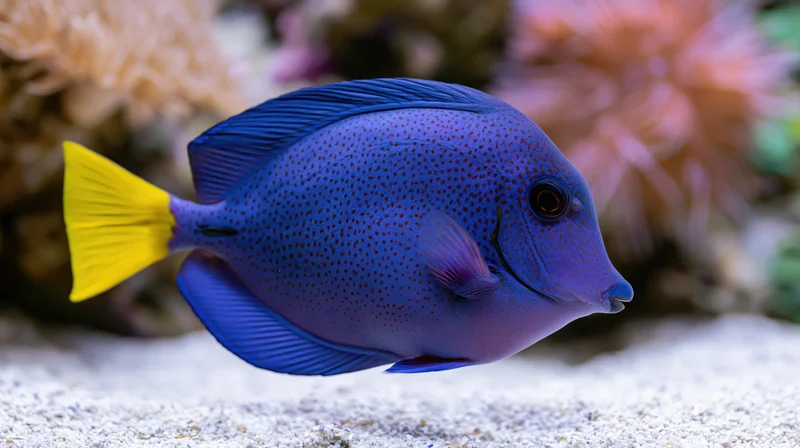 Purple tang fish swimming near sandy substrate in aquarium