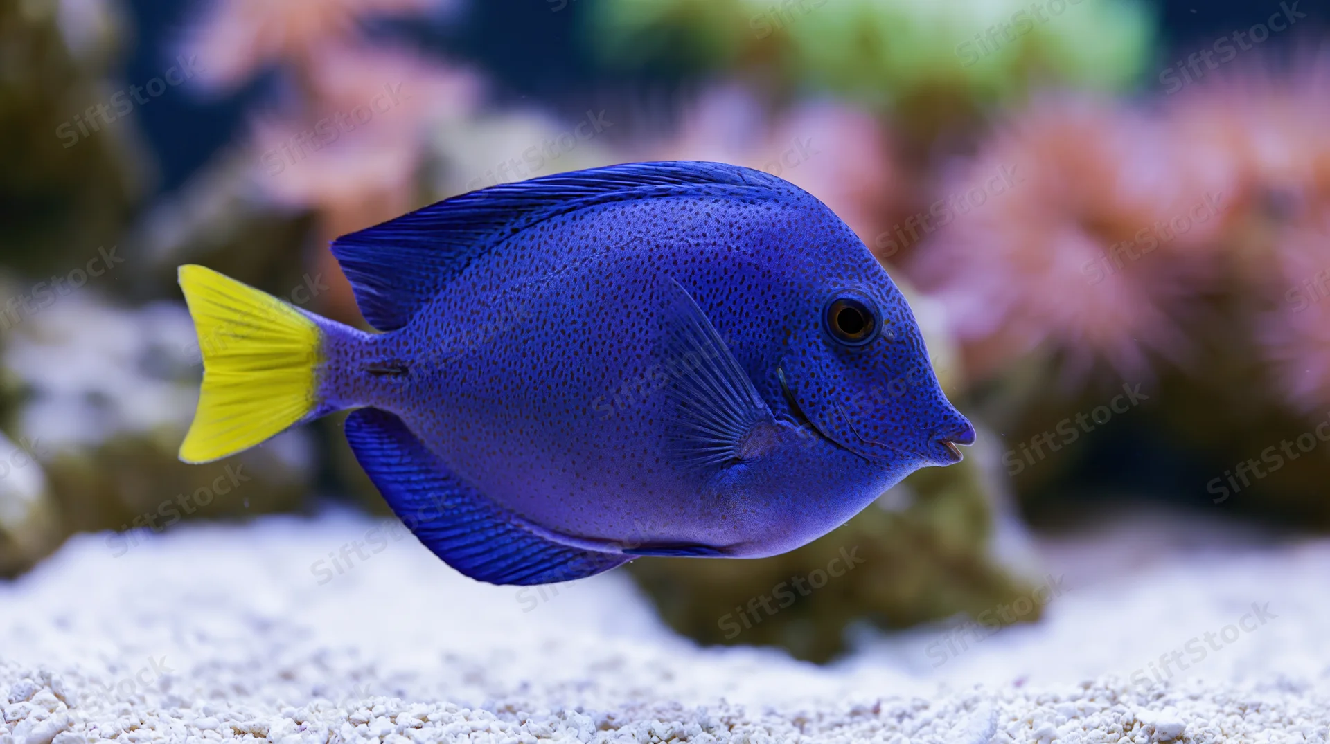 Purple tang fish swimming near white sandy substrate in aquarium