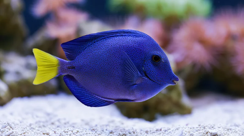 Purple tang fish swimming near white sandy substrate in aquarium