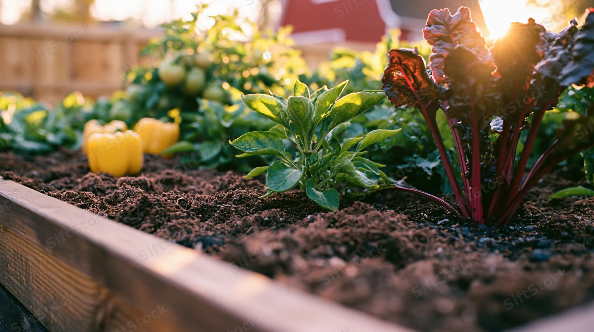 Raised garden bed with yellow bell peppers and tomatoes growing in soil at sunset