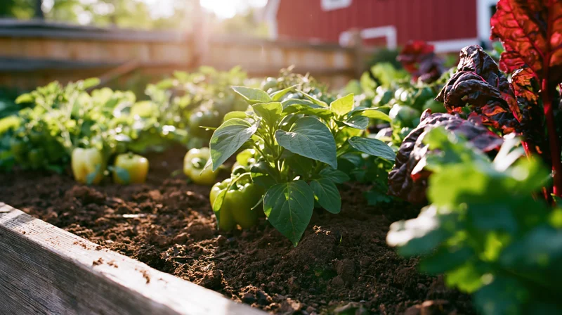 Green and yellow peppers growing in a raised garden bed with soil and leafy plants around, outdoors in sunlight