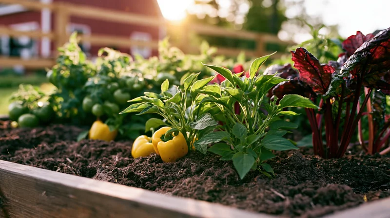 Yellow bell peppers and green tomatoes growing in a wooden raised garden bed outdoors in sunlight