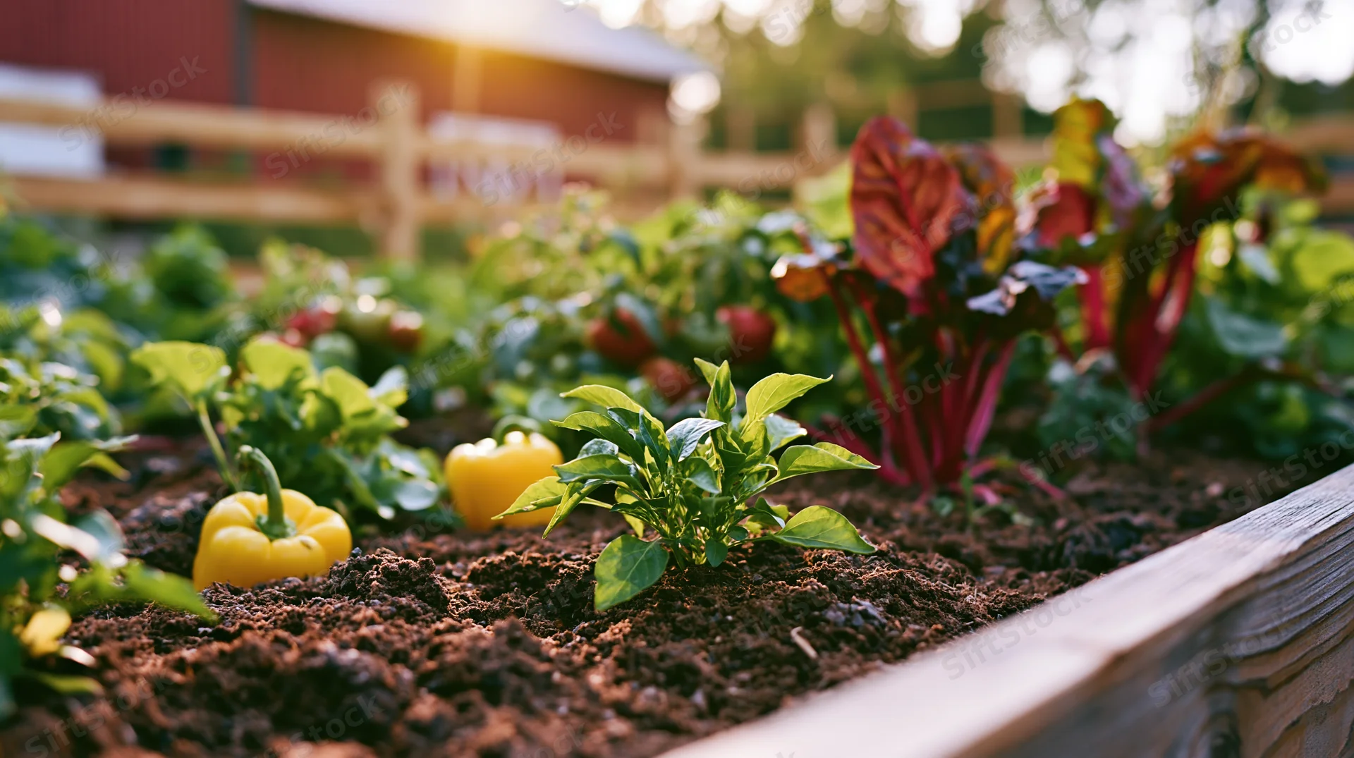 Yellow bell peppers and tomatoes growing in a raised garden bed outdoors
