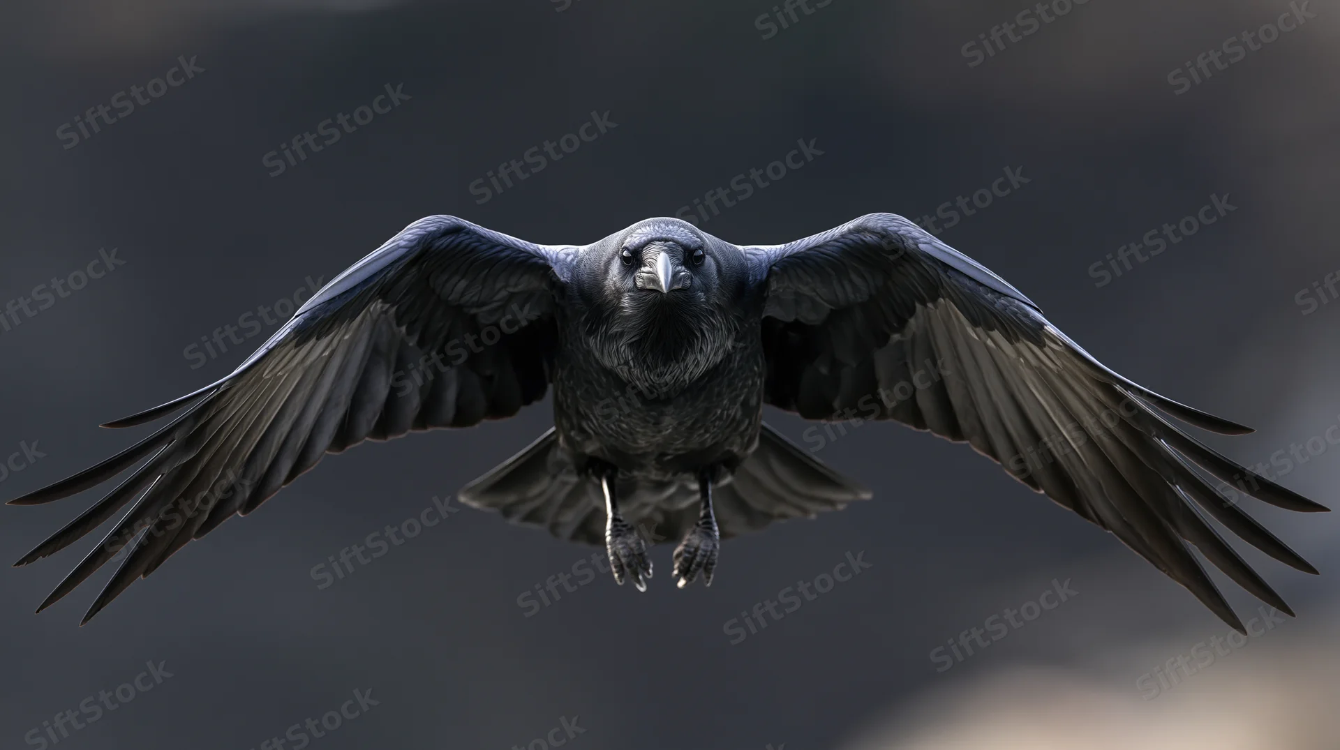 Raven in mid-flight with wings spread facing camera against blurred background