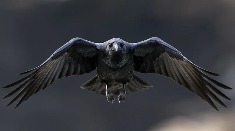 Raven in mid-flight with wings spread facing camera against blurred background