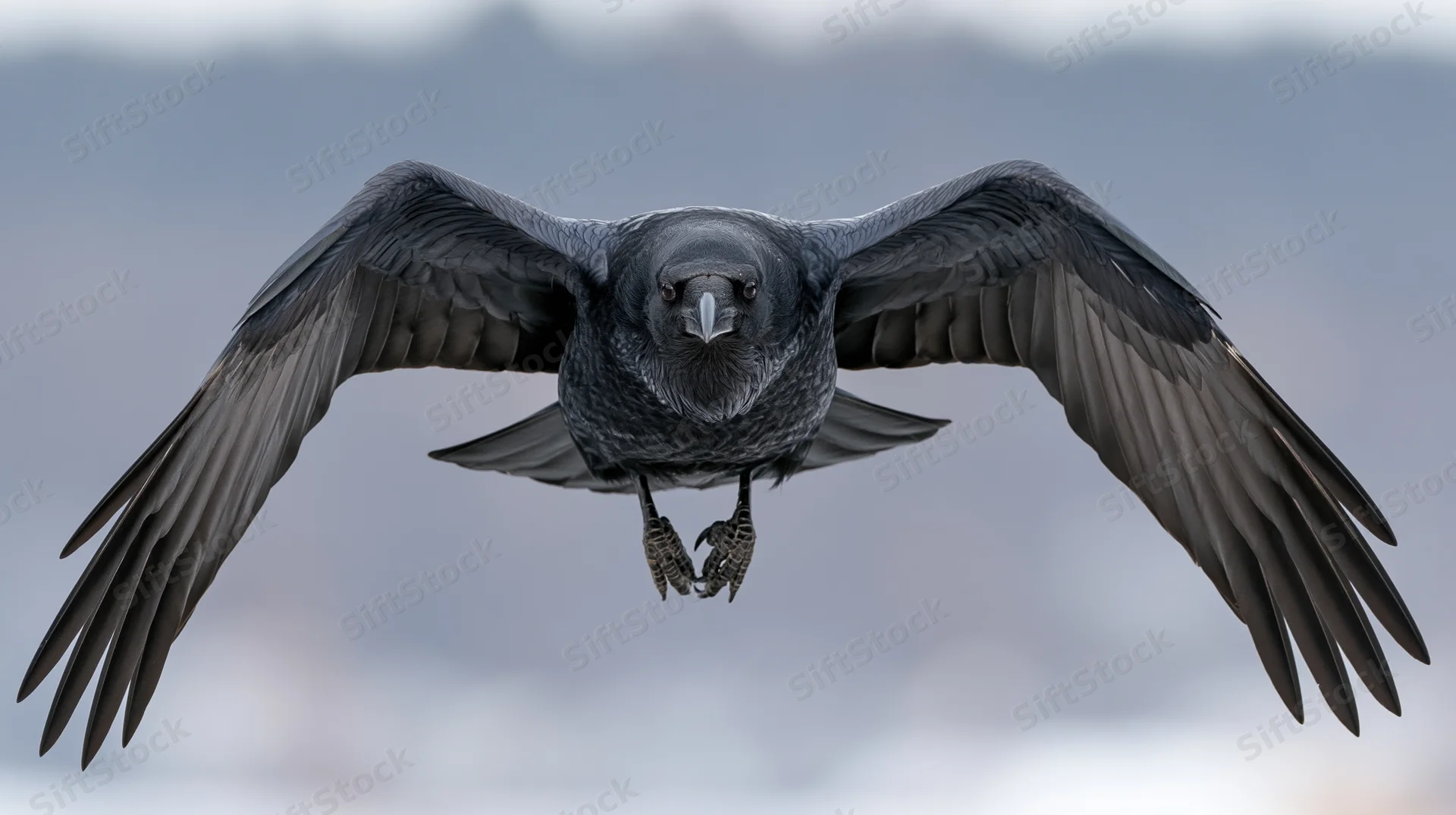 Raven in mid-flight with wings spread facing camera against overcast sky