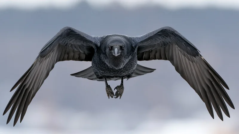 Raven in mid-flight with wings spread facing camera against overcast sky