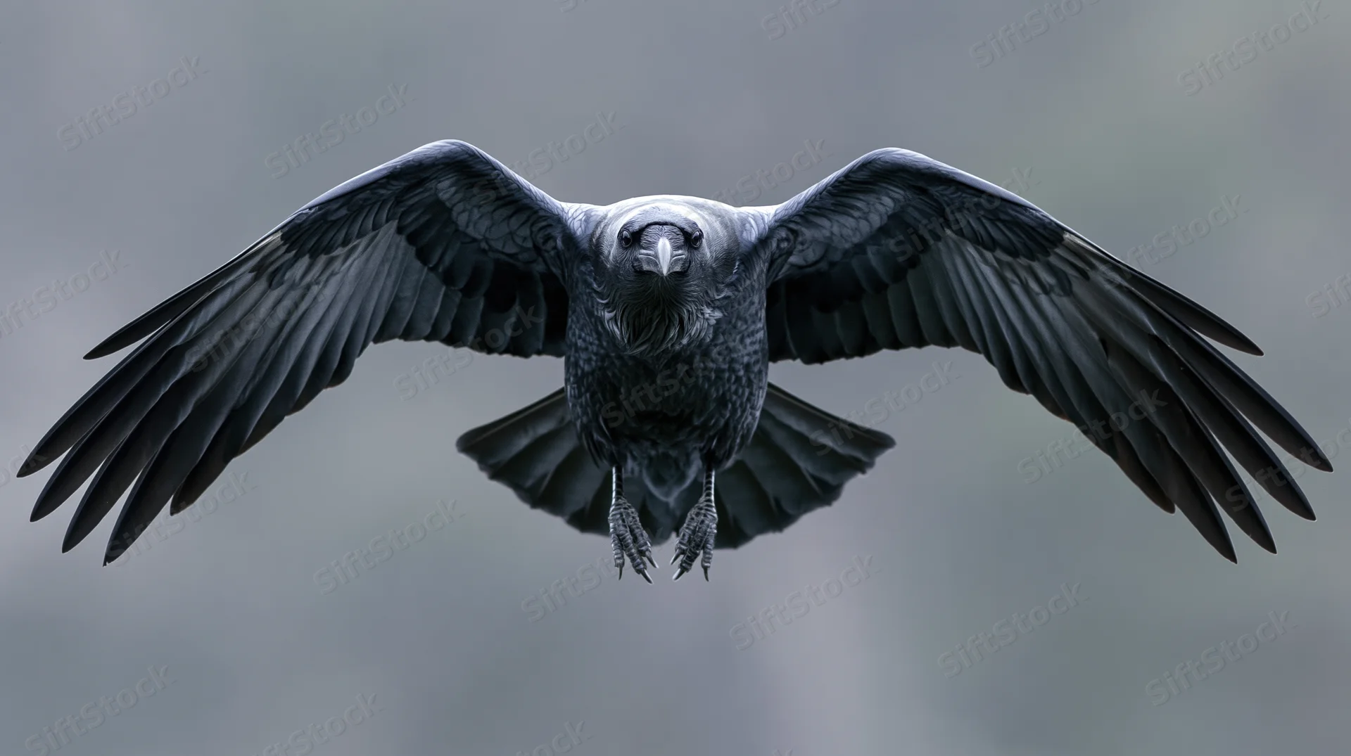 Raven in mid-flight with wings spread facing camera against gray sky