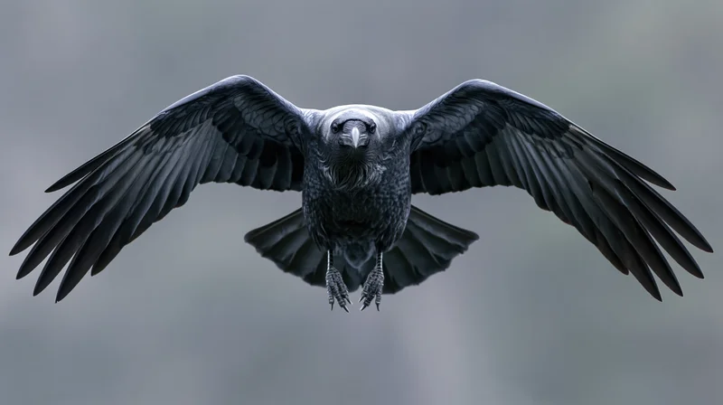 Raven in mid-flight with wings spread facing camera against gray sky
